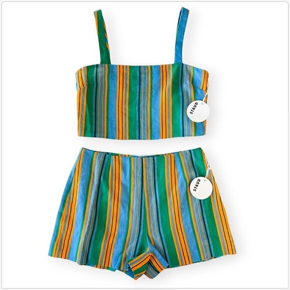 STAUD Rigina Top and Oscar Shorts 2 Piece Set Linen Colorful Stripes NWT 8 10 - Picture 4 of 6
